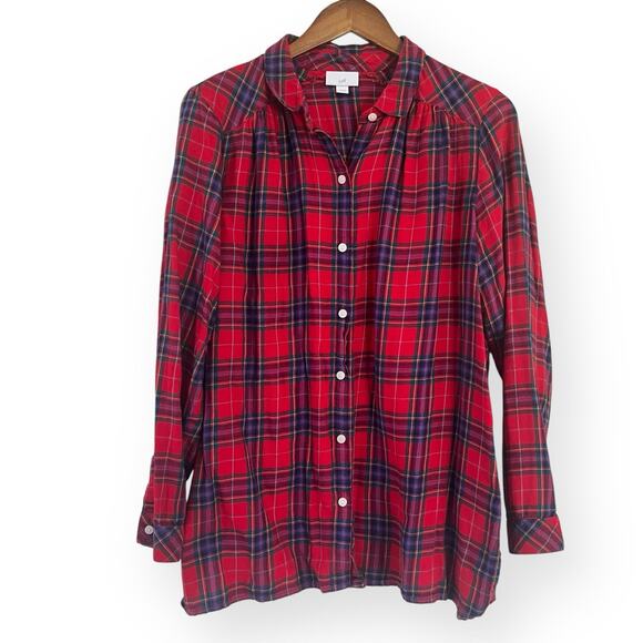 J Jill Red Blue Plaid Button Up Long Sleeve Shirt Size L Soft Cozy Tunic Flannel - Picture 1 of 8